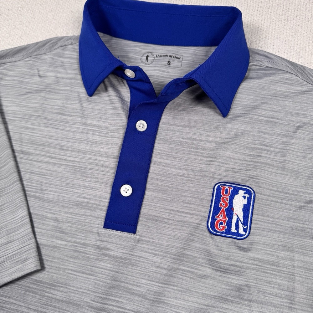 USAG U Suck At Golf Polo Shirt Mens Small Gray Performance Beer Drinker Logo EUC